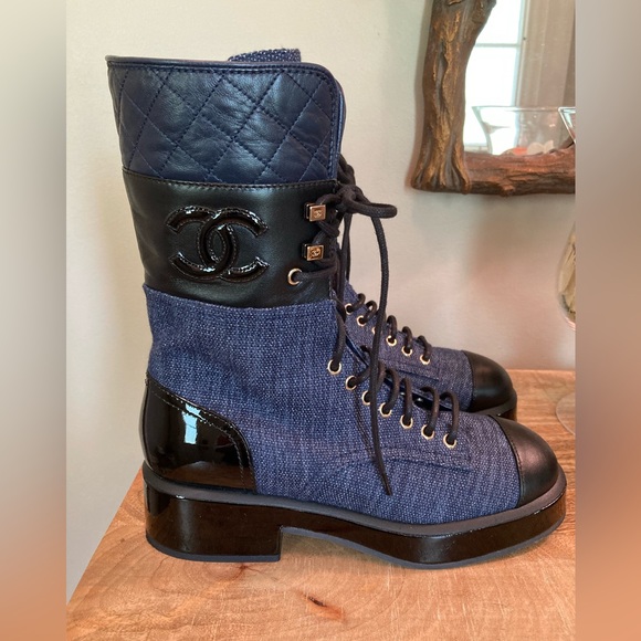 Chanel Denim and Lambskin Quilted CC Lace Up Combat Boots size 38.5 - Picture 3 of 15